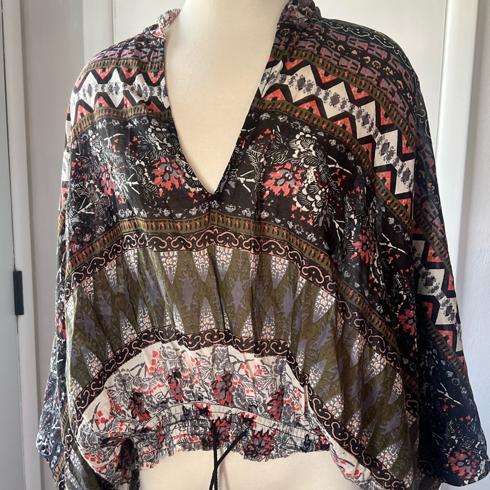 Free people hooded multicolor drawstring oversized blouse size XS